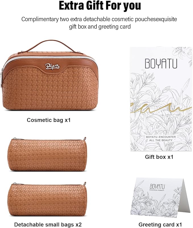 BOYATU Travel Makeup Bag Cosmetic Bags for Women: Large Capacity 3 Pcs Set Make up Bag with Compartments - Waterproof Vegan Leather Toiletry Organizer Bags with Handle (L53Brown)