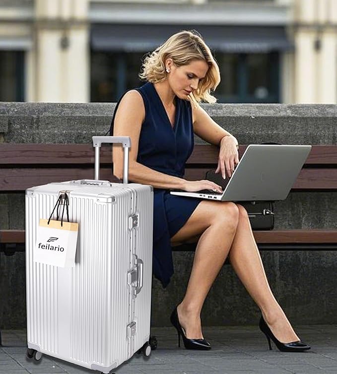feilario 30in Super Large Captain Aluminum Frame Hardside Spinner Wheels Luggage, Removable Wheels Zipperless Checked Suitcase with Cup Holder/Phone Holder (Silver,30in)