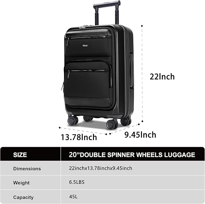 Luggage Sets 2 Piece, Carry On Luggage with Front Pocket & USB Port and 28 Inch Expandable Checked Luggage, Hybrid Soft Front & Hard Shell Suitcases with Spinner Wheels & TSA Lock, Black