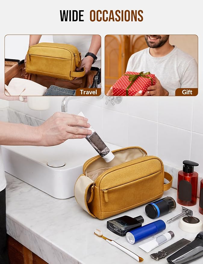 PU Leather Toiletry Bag for Men - Water Resistant Travel Bag for Toiletries, Bathroom Essentials, Accessories - Yellow