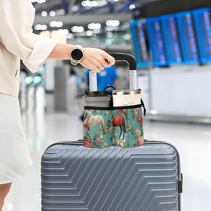 Luggage Cup Holder for Suitcases Free Hands Travel Cup Holder Portable Suitcase Cup Drink Holder Luggage Cup Caddy Bag Carrier Teal Horses and Red Roses