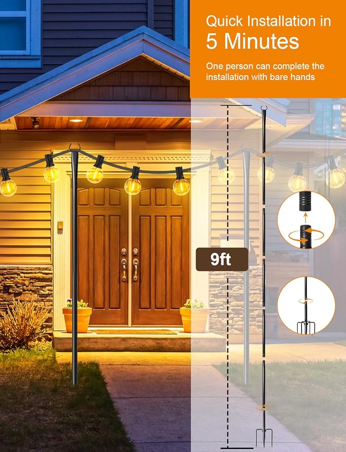 4 Pack String Light Poles for Outside with Ground Stakes and Fence Clips | Adjustable 7-section metal patio light poles for string lights and lanterns; for garden, patio, backyard and outdoor decor.