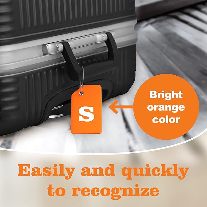 Gostwo 2 Pack Silicone Luggage Tags for Suitcases, 26 Initial Letter Baggage Labels Handbag School Bag Suitcase Instrument Tag with Stainless Steel Loop(Orange)(Letter S)