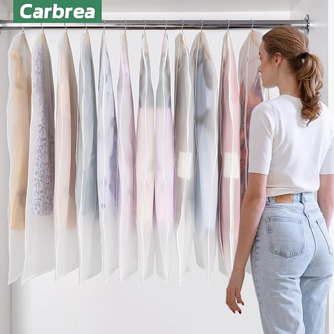 Carbrea 12 Pack Garment Bags for Hanging Clothes - Translucent Dress Bag for Closet Wardrobe Storage Travel - 24" x 49"