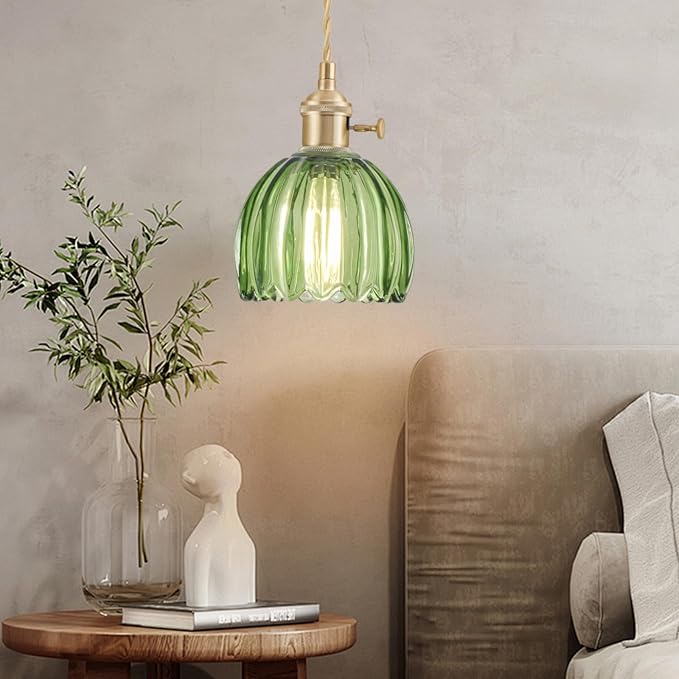 Mini Pendant Lights Kitchen Island, Small Adjustable Pendant Light Fixture with Green Tulip Glass Lampshade, Vintage Gold Pendant Lighting, Pendant Light for Bedroom Dining Room Hallway