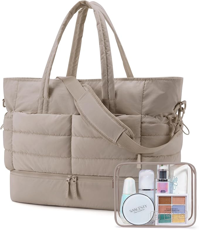 BAGSMART Large Travel Duffel Bag with Shoe Compartment, Puffer Carry-On Gym Weekender Bag for Women, Tan
