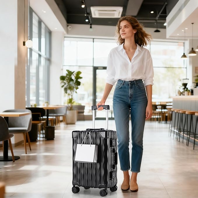 20 Inch Carry On Luggage with Spinner Wheels,Aluminum Frame PC Hard Shell Suitcase with USB Port,Lightweight Travel Luggage Airline Approved for Men Women, Black