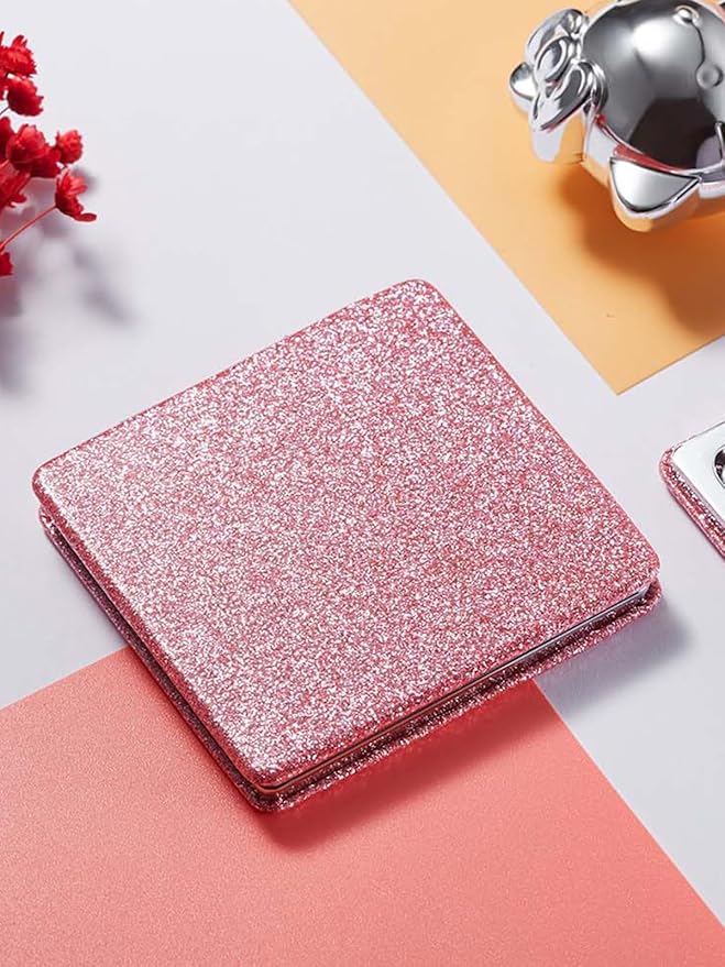 OMIRO Compact Mirror, Glitter PU 1X/3X Magnification, Ultra Portable for Purses (Pink)