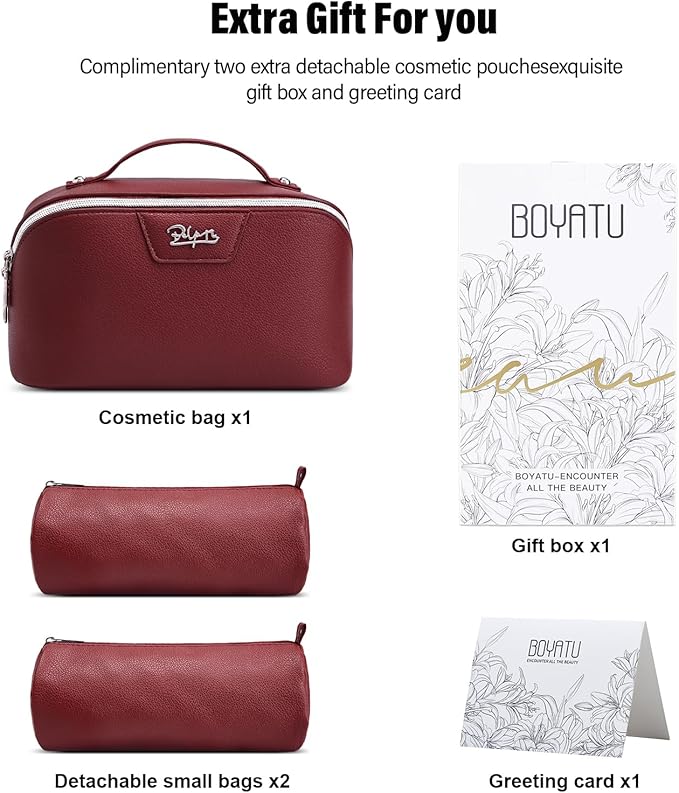 BOYATU Travel Makeup Bag Cosmetic Bags for Women: Large Capacity 3 Pcs Set Make up Bag with Compartments - Waterproof Vegan Leather Toiletry Organizer Bags with Handle (L29Red)