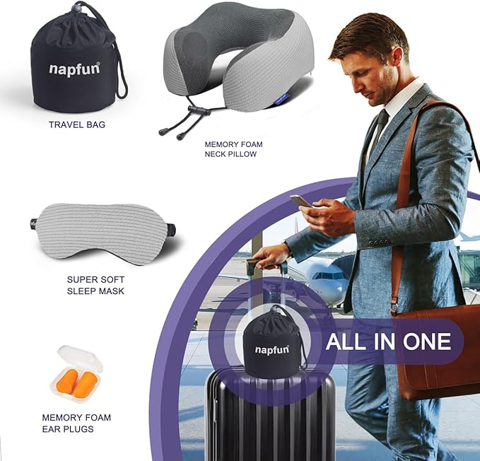 napfun Neck Pillow for Travel with Travel Pouch, Sleep Mask & Earplugs, Memory Foam Airplane Pillow for Headrest Sleep with Eyeshades, Plane Essentials with Eye Blindfold, Light Gray Striped Kit