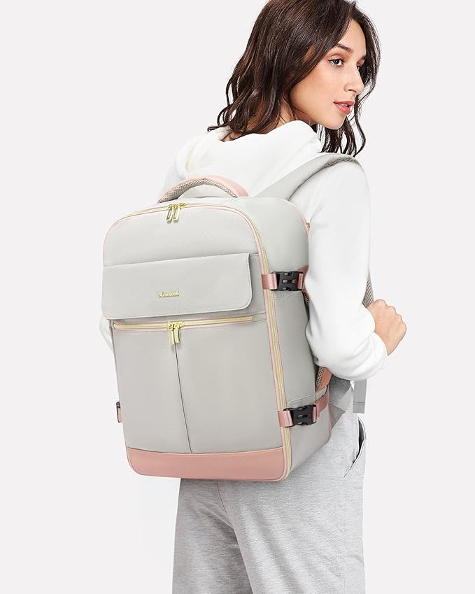LOVEVOOK Carry On Backpack, 40L Travel Backpack Women with 3 Packing Cubes, TSA Airline Approved Suitcase Bag as Personal Item, Waterproof 17 inch Laptop Backpack for Weekender Overnight,Grey Pink