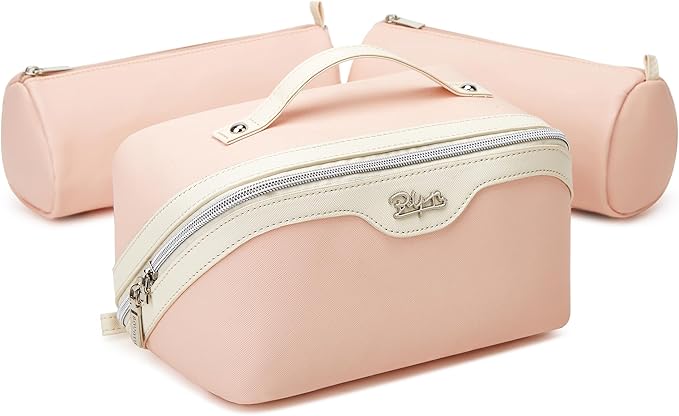 BOYATU Travel Makeup Bag Organizer Cosmetic Bag: 3 Pcs Set Make up Bags for Women with Handle - Waterproof Vegan Leather Toiletry Bags Travel Essentials Pouch with Compartments (A-09-Pink)