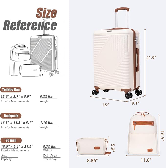Luggage Sets 3 Piece, 20 Inch Carry On Suitcases With Spinner Wheels, Lightweight Travel Luggage With TSA Lock, ABS Hardshell Suitcase (Lavender)