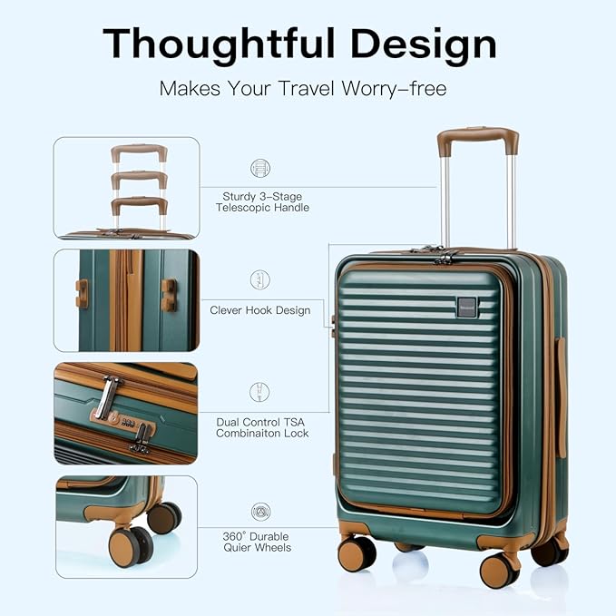 Carry On Luggage Airline Approved, 20 Inch Expandable PC Hardside Lightweight Suitcases with Spinner Wheels and TSA Lock (Dark Green, 20 Inch)