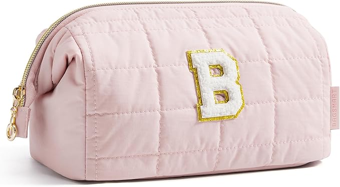 BAGSMART Birthday Gifts Personalized Initial Makeup Bag, Trendy Stuff Gifts for Women Bridesmaid Graduation, Puffy Padded Make Up Bags for Women, Wide-open Toiletry Bag, Pink B