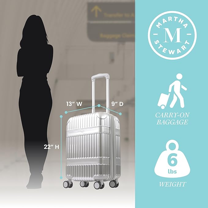 Martha Stewart The Bedford 22 Inch Carry On Luggage, Hardshell Rolling Suitcase with Spinner Wheels, Silver