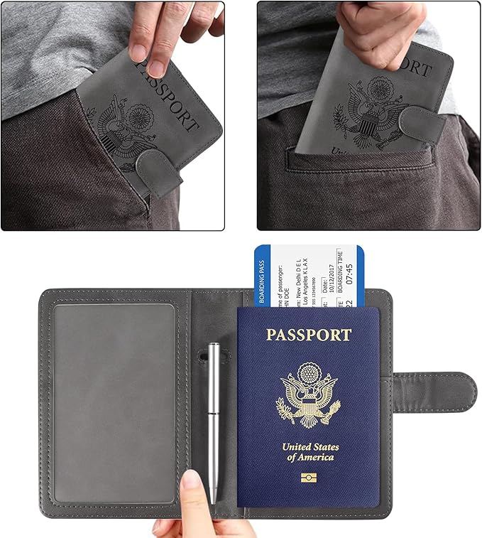 ACdream Passport and Vaccine Card Holder Combo, Cover Case with CDC Vaccination Card Slot, Leather Travel Documents Organizer Protector, with RFID Blocking, for Women and Men - Grey