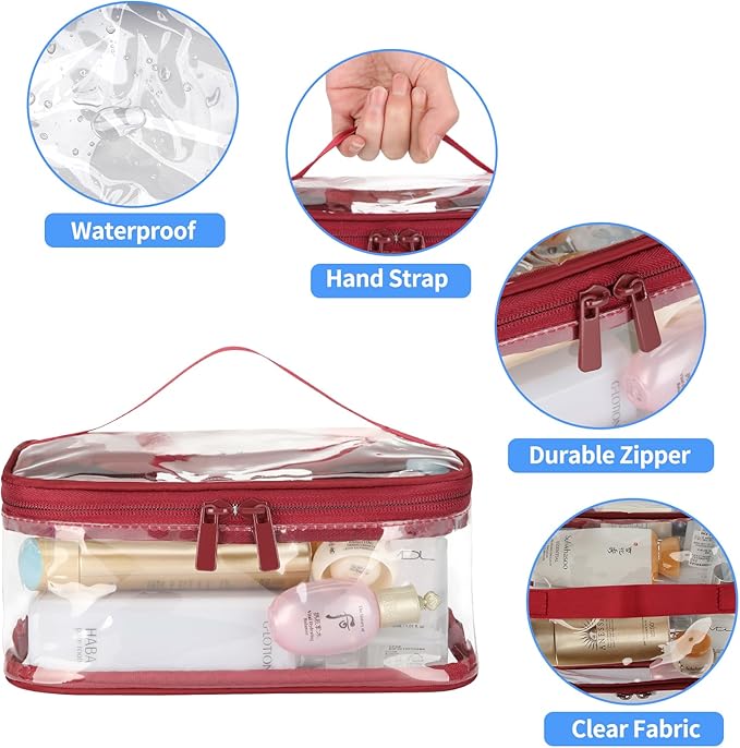 HAOGUAGUA 2 Pieces Clear Makeup Bags Cosmetic Toiletry Bags for Traveling, Waterproof Travel Transparent TSA APPROVED Carry On Airport Airline Compliant Bag (2 PIECES RED)
