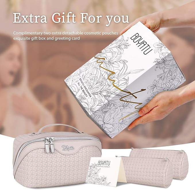 BOYATU Travel Makeup Bag Cosmetic Bags for Women: Large Capacity 3 Pcs Set Make up Bag with Compartments - Waterproof Vegan Leather Toiletry Organizer Bags with Handle (L18 Beige)