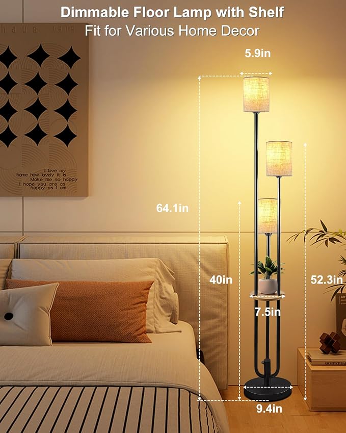 Lightdot 64Inch Floor Lamp with Table Dimmable Black Floor Lamp for Living Room 3 Lights Mid Century Modern Tall Standing Lamp with 5Lbs Heavy Base for Bedroom/Sofa Beside/Corner Decor(Bulbs Included