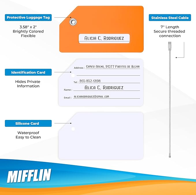 Mifflin-USA Silicone Luggage Tags (Orange, 2 Pack) with Plane Embedded Design & Name ID Card; Bright Colors to Quickly Find Your Bag