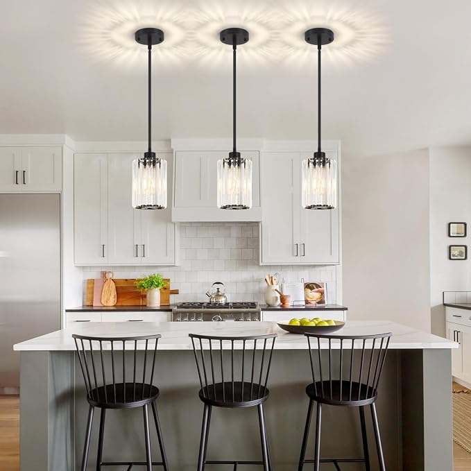 Black Pendant Lighting Over Island, Modern Kitchen Light Fixtures | 1 Pack Adjustable Hanging Lamp Crystal Pendant Lights for Dining Room Hallway Entryway Bathroom Above Sink