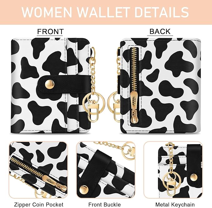 Jogjam Cow Print Rfid Women Wallet, Small Slim Thin Credit Card Wallet, PU Leather Bifold Cash Zipper Coin Pocket ID Window for Female Ladies Teen Girls Girly