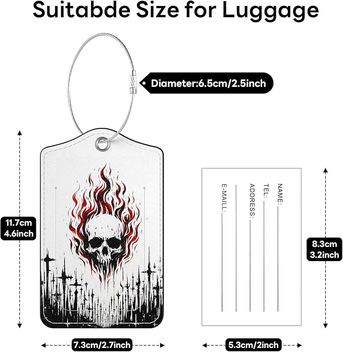 2 Pack PU Leather Luggage Tags for Suitcases, Privacy Protection Cover with Stainless Steel Loop and Address Card, Travel Cruise Essentials (Flame Skull)