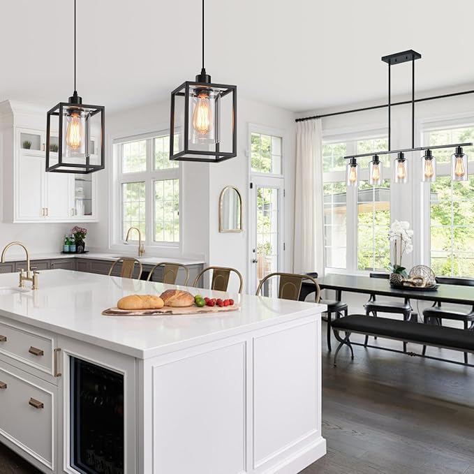 3 Pack Black Pendant Lights for Kitchen Island Industrial Lantern Pendant Light Fixtures with Clear Glass Shade, Farmhouse Adjustable Height Hanging Pendant Lighting for Dining Room