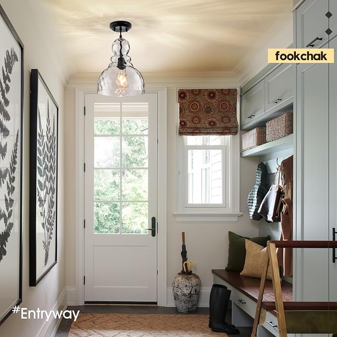 Hammered Glass Pendant Light for Kitchen Island Black Pendant Hanging Light 10inch Large Glass Pendant Lights for Kitchen Sink Dining Room Hallway Entrance, 10in, E26