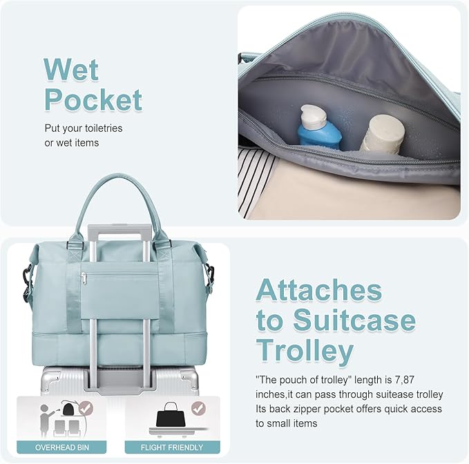 Large Weekender Bags for Women, Travel Duffel Bags with Shoe Compartment,Personal Item Travel Carry on Overnight bag for women Travel Set,Light Blue