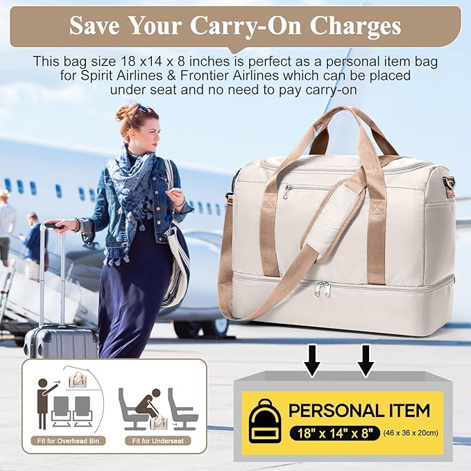 Travel Duffel Bag for Women, Carry-on Overnight Weekender Bags with Wet Pocket, For Spirit Airlines 18x14x8 Personal Item Bag,Small,Beige & Brown