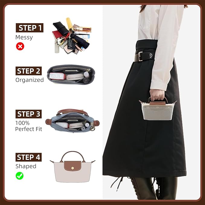Doxo Longchamp XS Organizer Insert, Suitable for Le pliage XS and More, Keeps Tote Handbags Shaped & Neat (Grey,XS)