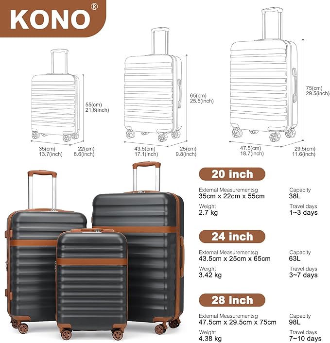 Kono Medium Sized Checked Luggage, 24 Inch Expandable with Spinner Wheels, TSA Lock, ABS + PC Lightweight Travel Suitcase with Larger Capacity and Lighter Weight, Grey Brown