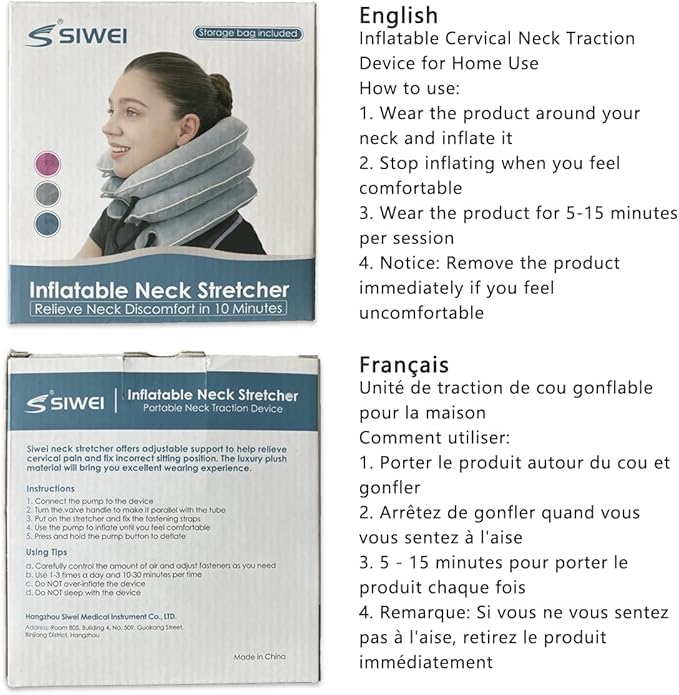 Cervical Neck Traction Device for Neck Pain Relief - Inflatable Neck Stretcher Traction Collar for Neck Decompression - Best Home Use Neck Brace Pump (Blue Plush)