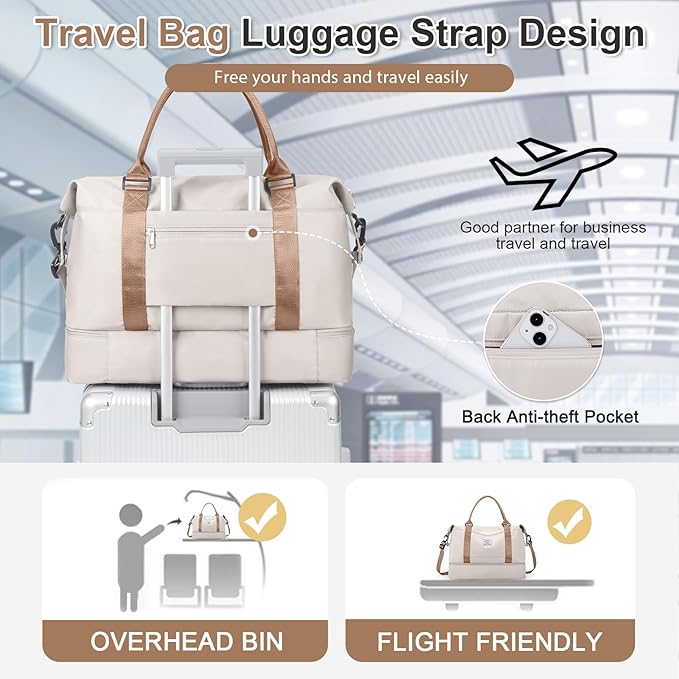 Weekender Bags for Women, Travel Duffel Bags with Shoe Compartment & Wet Pocket,Travel Bag for Airlines,Carry on Overnight Tote Bag for women with Toiletry Bag,3Pcs Set,Beige & Brown