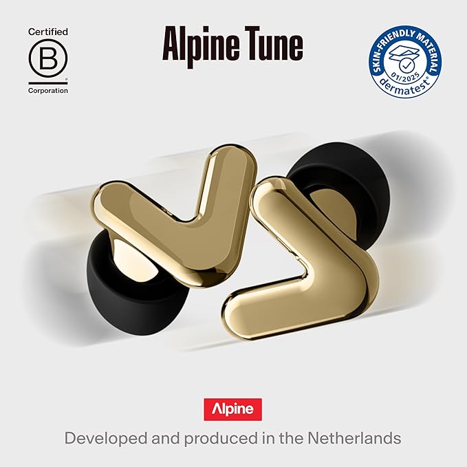 Alpine Tune Earplugs, Concert Ear Plugs for Noise Reduction, High Fidelity Music Quality, 19dB Hearing Protection with Crystal Clear Sound, Incl. 4 Sizes, for Parties, Raves, Festivals & Clubs, Gold