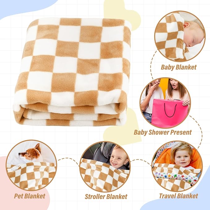 Plush Checkered Baby Blanket for Boys Girls Nursery, 30"*40" Warm Short Fleece Blanket Neutral for Infant Newborn, Small Fuzzy for Sleeping, Chenille Baby for Stroller (Orange&White)