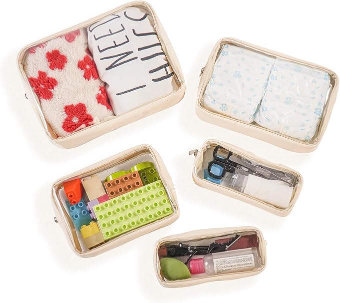 TSA Approved 5-Piece Diaper Bag Organizer Pouch Set Clear Waterproof TPU Kids Toiletry Storage Set Travel Packing Clutch Cube Bags for Baby Nursing(Cream leather)