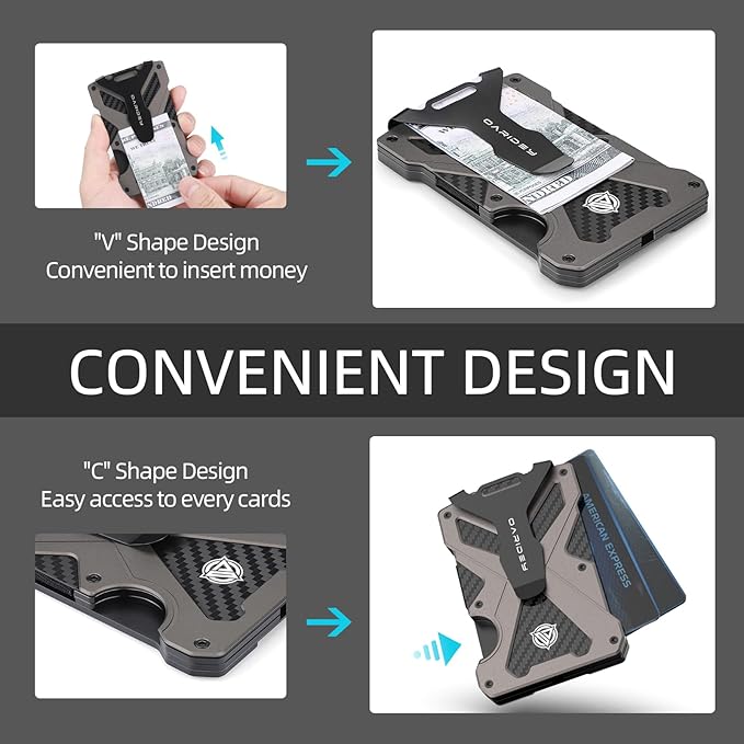 Minimalist Wallet for Men- Slim Aluminum Metal Money Clip Wallet with Clear ID Card Holder, Carbon Fiber Wallet, RFID Blocking, Holds up 15 Cards with Cash Clip, Ultra-Thin Tactical Wallet- Gunsmoke