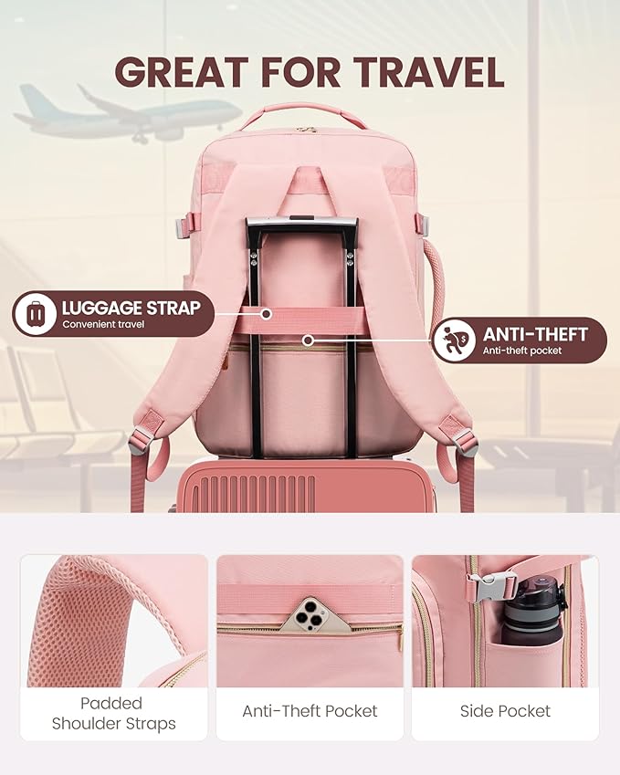 LOVEVOOK Travel Backpack for Women & Men 50L,Airline Approved Carry On Backpack Travel Essentials,TSA Carry on Luggage,Waterproof Personal Item Travel Bag,Suitcase with 3 Packing Cubes,Pink-Pink