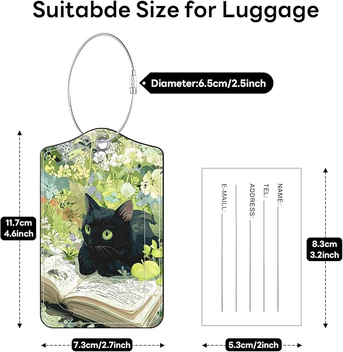2 Pack PU Leather Luggage Tags for Suitcases, Privacy Protection Cover with Stainless Steel Loop and Address Card, Travel Cruise Essentials (Flower Book Cat)