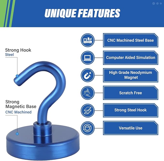 Neosmuk Magnetic Hooks Heavy Duty,Strong Magnet with Hook for Fridge, Super Neodymium Extra Strength Industrial Hooks for Hanging, Magnetic Hanger for Toolbox, Cruise, Grill(Navyblue,6 Pack)