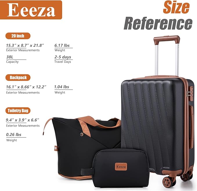 Carry on Luggage Sets 22x14x9 Airline Approved Durable Travel Luggage Suitcases with Wheels,ABS Hard Case Suitcases with Spinner Wheels,(Black,3 Piece Sets(20"/DB/TB))
