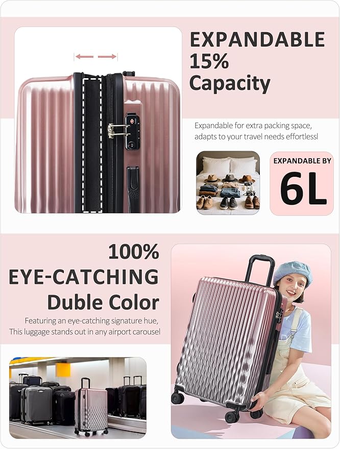 Checked 22 inch Luggage, ABS+PC Hardshell Suitcase Lightweight Large Travel Luggage with Spinner Wheels & TSA Lock