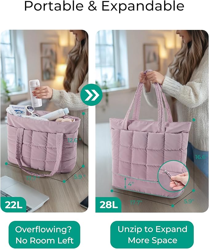 BAGSMART Expandable Tote Bag for Women, Puffer Work Tote Handbag, Quilted Carry On Bag for Travel Gym
