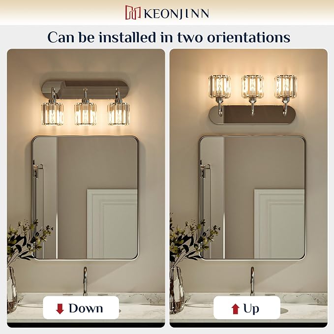 Keonjinn 6-Light Chrome Crystal Bathroom Light Fixtures Over Mirror | Vanity Lighting Fixture with Crystal Square Shades, Dimmable, Modern Style, Compatible with E26 Base LED Bulbs (Exclude Bulb)