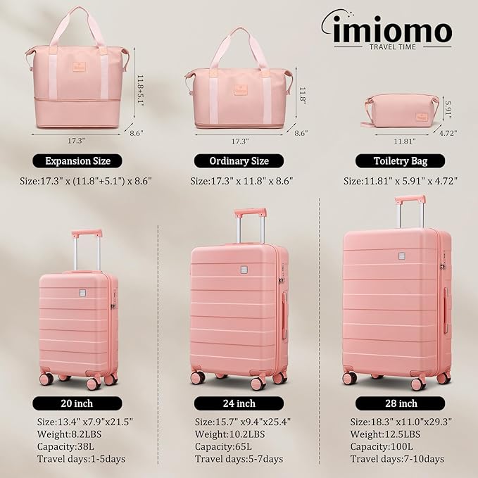 imiomo Hard Shell Luggage Sets 5 Piece for Women, Lightweight Hardside Rolling Suitcase Set with Spinner Wheels and TSA Lock, Pink