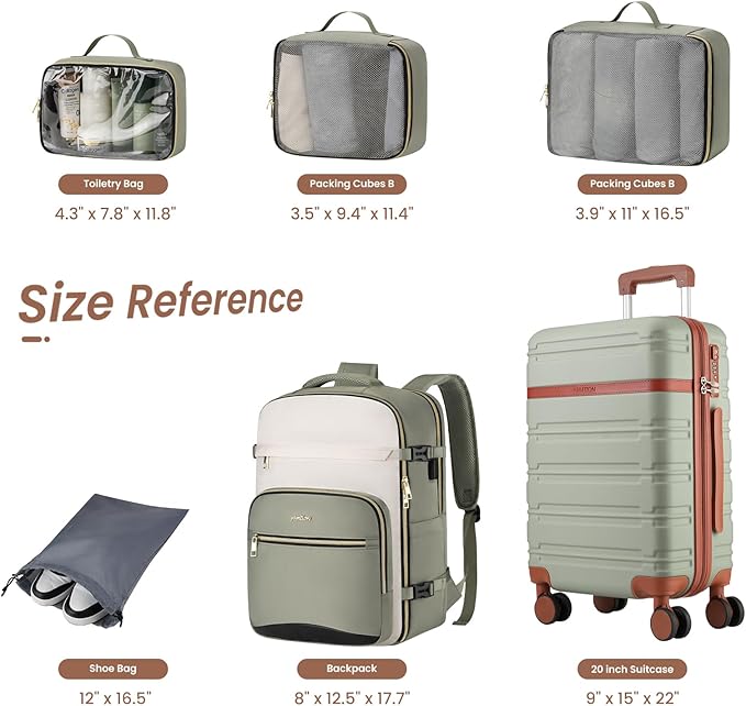 YAMTION Luggage Sets 6 Piece,Hardside 20In Suitcase with Spinner Wheels,TSA Lock,Carry On Suitcase Travel Essentials for Personal Items,Green