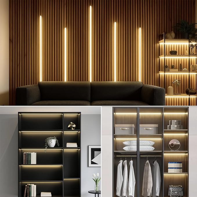6PCS 12V Black COB LED Strip Lights 6.56Ft 4000K with Touch Dimmable Switch | LED Recessed Lighting Kit Self-Adhesive LED Uner Cabinet Light for Wood Slat Wall Panels Headboards Shelves